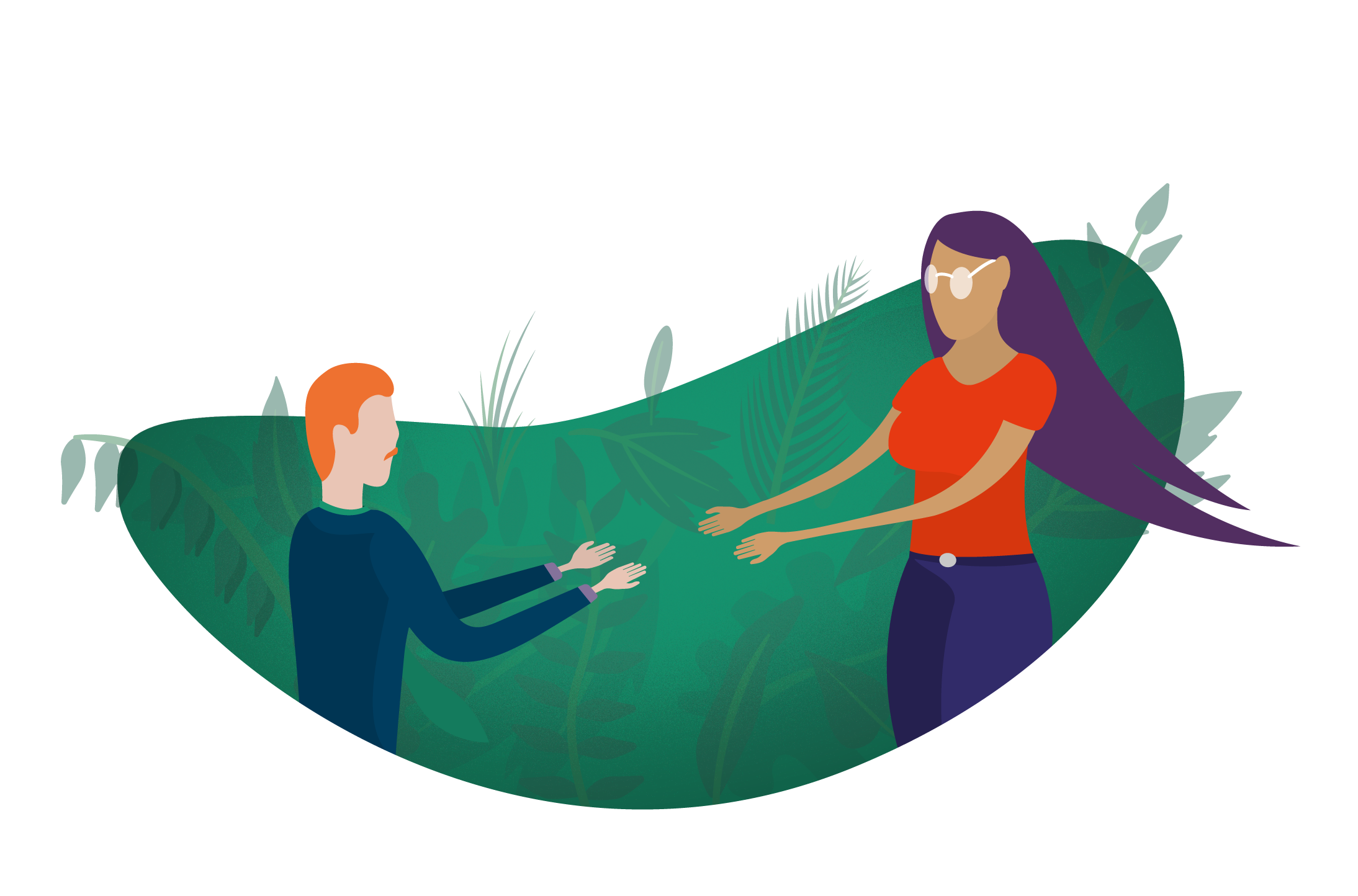 Illustration de deux personnes tendant les bras sur un fond de feuilles et de plantes.